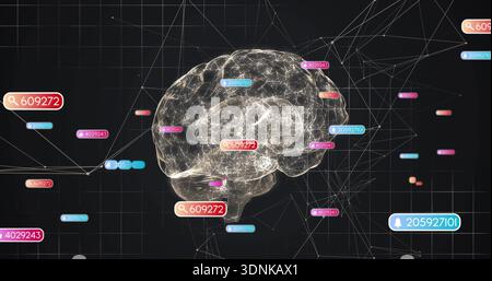 Floating 3D translucent wireframe brain model pulsing with glowing nodes on grid, with neon tags Stock Photo