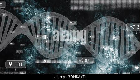 Displaying faint DNA helix running horizontally across data dashboard, showing numeric callouts Stock Photo