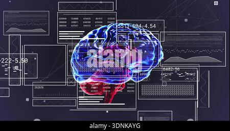 Floating brain model showing neural pathways in virtual HUD, with UI panels and waveform graphs Stock Photo