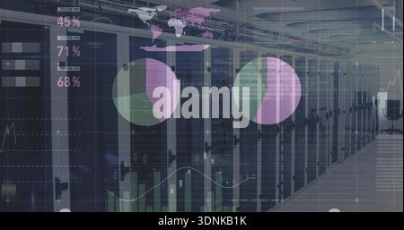 Displaying central server racks with analytics in data center aisle, showing pie charts and LEDs Stock Photo