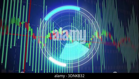 Displaying circular HUD overlay on dashboard, featuring cyan radar sweep, green red candlesticks Stock Photo