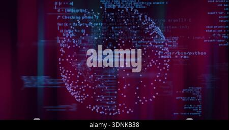 Rotating translucent sphere pulsing with glowing nodes and lines in dark studio, with floating code Stock Photo
