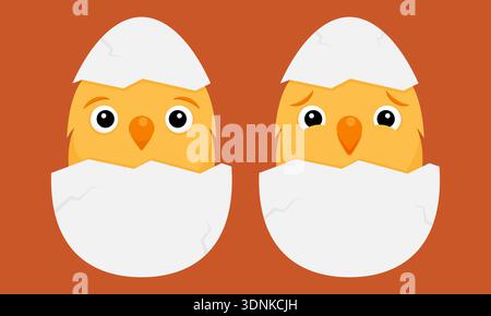 Cute baby chicks hatching from eggshells Easter vector illustration Stock Vector