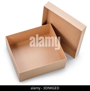 Open empty cardboard gift box and lid near it isolated on white background. File contains clipping path. Stock Photo