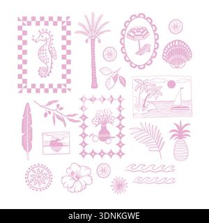 Tropical mediterranean elements with coastal frames botanical summer line art Stock Vector