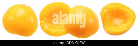 Peeled canned peach halves isolated on white background. File contains clipping paths. Stock Photo