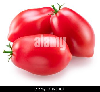 Red ripe Roma tomatoes or plum tomatoes isolated on white background. File contains clipping path. Stock Photo