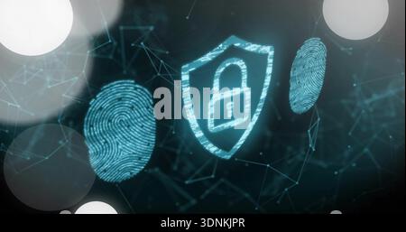 Displaying central glowing shield with padlock pulsing in virtual mesh, with fingerprint holograms Stock Photo