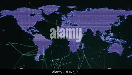 Displaying purple dotted world map on dark GUI, showing teal nodes, lines, wireframes, scanlines Stock Photo