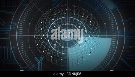 Displaying central wireframe sphere on HUD, showing rings, crosshair, data nodes and teal sweep Stock Photo