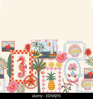 Decorative tropical border featuring framed coastal illustrations, palm trees, pineapple, seahorse, starfish, shells, hibiscus flowers and summer beac Stock Vector