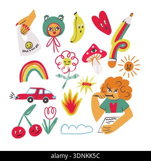 Colorful crazy doodle with funny characters objects symbols playful vector Stock Vector