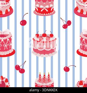 Seamless cake pattern with cherries hearts bow decorations isolated vector dessert illustration Stock Vector