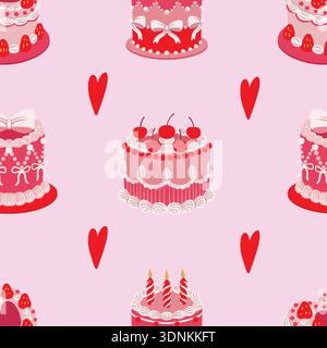 Seamless cake pattern with cherries hearts bow decorations isolated vector dessert illustration Stock Vector
