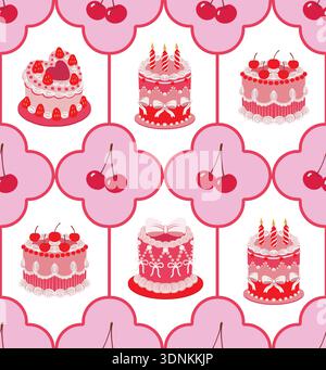Seamless cake pattern with cherries hearts bow decorations isolated vector dessert illustration Stock Vector