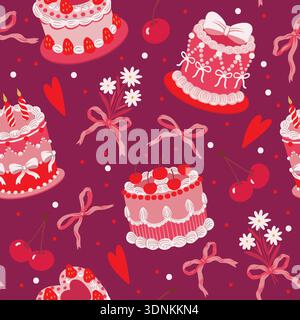 Seamless cake pattern with cherries hearts bow decorations isolated vector dessert illustration Stock Vector