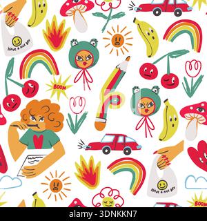 Colorful crazy doodle seamless pattern with funny characters objects symbols playful vector Stock Vector