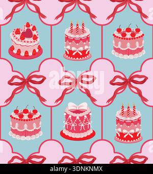 Seamless cake pattern with cherries hearts bow decorations isolated vector dessert illustration Stock Vector