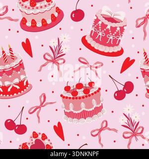 Seamless cake pattern with cherries hearts bow decorations isolated vector dessert illustration Stock Vector