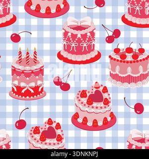 Seamless cake pattern with cherries hearts bow decorations isolated vector dessert illustration Stock Vector