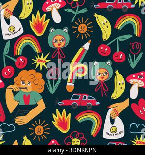 Colorful crazy doodle seamless pattern with funny characters objects symbols playful vector Stock Vector