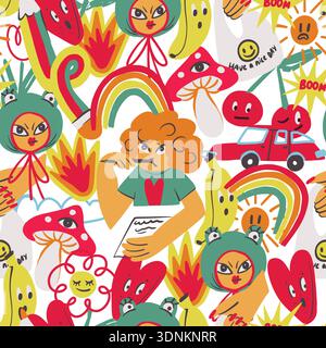 Colorful crazy doodle seamless pattern with funny characters objects symbols playful vector Stock Vector