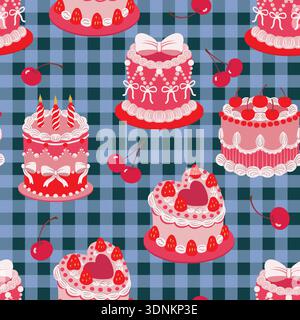 Seamless cake pattern with cherries hearts bow decorations isolated vector dessert illustration Stock Vector