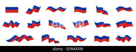 Russian flag symbol collection, Russia flag set, Russia waving flag vector icons on isolated background, flying Russian flag symbols, 3D flowing natio Stock Vector