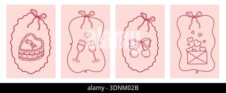 Set of coquette greeting cards for Valentine's Day. Hand drawn whimsical frames with elegant bows and ribbons, cake in shape heart, cherry.  Stock Vector
