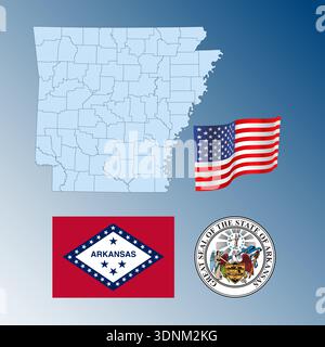 Arkansas US federal state waving flag, seal and map, United States, vector illustration Stock Vector