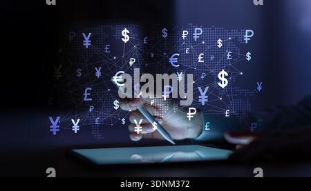 Digital visualization of global currency exchange systems and financial interactions. Stock Photo