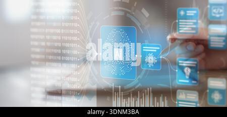 Artificial Intelligence and Data Processing Interaction on a Digital Touchscreen Interface. Stock Photo