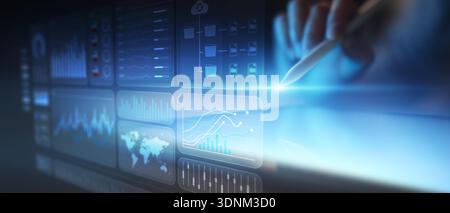 Interactive Digital Data Dashboard for Business Analytics and Smart Visualization on Tablet Screen. Stock Photo