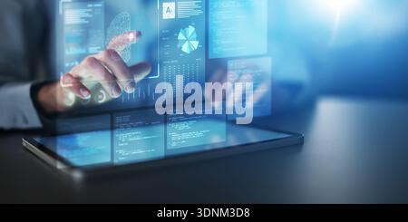 Artificial Intelligence and Data Analytics Dashboard with Neural Network Visualization. Stock Photo