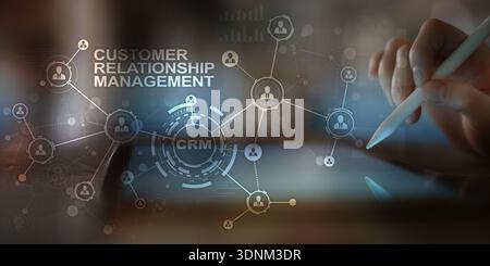 Customer Relationship Management System Visualization with Network Connections and Data Analytics. Stock Photo