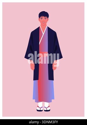 Young Japanese man wearing traditional kimono and haori, full body flat vector illustration in modern minimal style with soft pastel colors. Stock Vector