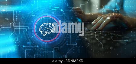 Artificial Intelligence Neural Network Interface with Digital Brain Visualization on Futuristic Screen. Stock Photo