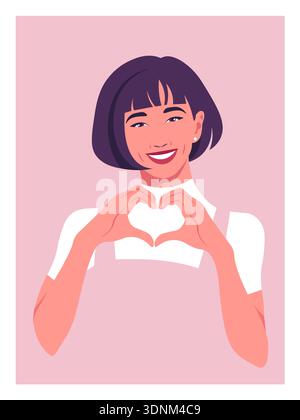 Young Asian woman making heart sign with hands, love gesture, Valentine’s Day postcard, vector flat illustration. Stock Vector