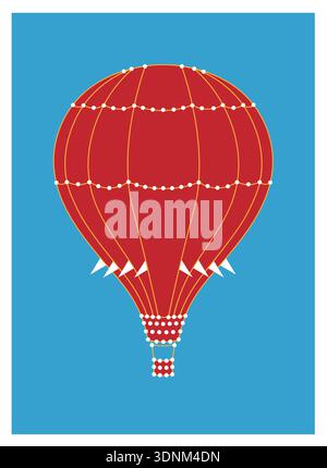 Vintage hot air balloon with decorative lights on bright blue background, retro travel poster vector illustration. Stock Vector