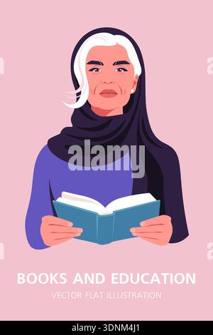 Elderly Muslim woman holding open book, education and knowledge concept, libraries and bookstores, flat vector. Stock Vector