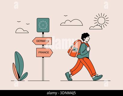 Traveler near road sign pointing to Germany and France, simple line style vector of European border crossing. Stock Vector