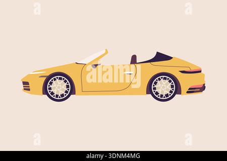 Luxury yellow roadster cabriolet, stylish convertible side view, modern automotive poster in flat vector style. Stock Vector