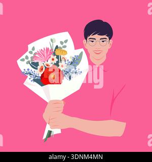 Happy Asian man courier holding bouquet of flowers, smiling florist, Valentine’s Day vector flat illustration. Stock Vector