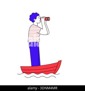 Person on small boat with binoculars, migration and search for opportunities abroad, modern symbolic vector illustration. Stock Vector