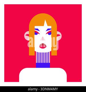 Geometric portrait of woman with orange hair and bold makeup, abstract minimal flat style on bright red background. Stock Vector