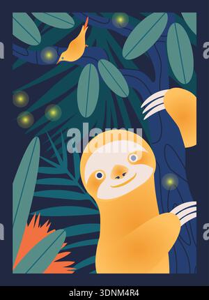 Sloth hanging on tree at night with fireflies, tropical leaves, and bird, kids nature vector flat illustration. Stock Vector