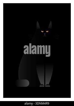 Black cat on dark background, minimalist geometric flat design for posters, Halloween themes, and home decor. Stock Vector