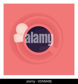 Cup of black coffee top view on red background, Italian espresso minimalist breakfast poster, vector flat illustration. Stock Vector