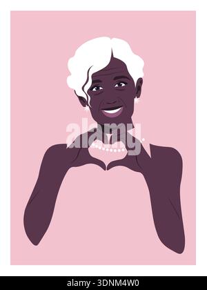 Elderly African woman making heart sign with hands, love gesture, Valentine’s Day postcard, vector flat illustration. Stock Vector