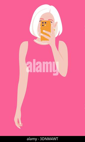 Elderly woman holding smartphone taking selfie, active old age concept, vector flat illustration. Stock Vector